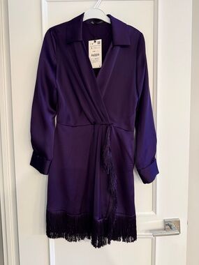Zara Purple Satin Fringe Wrap Dress